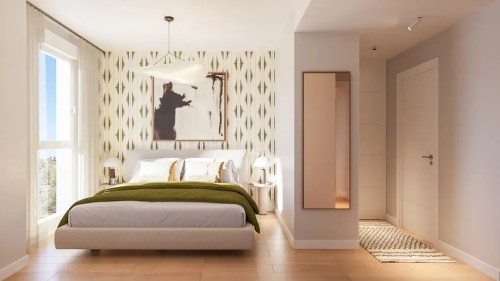Dormitorio principal tipo suite con grandes ventanales, armarios empotrados y acabados premium. Un espacio diseñado para el descanso y la privacidad con el sello de calidad Insur.